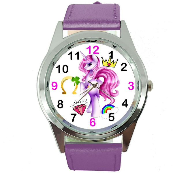NEW UNICORN PONY PURPLE LEATHER FILM MOVIE FAIRY TALE GIRL TV STEEL WATCH UK E4