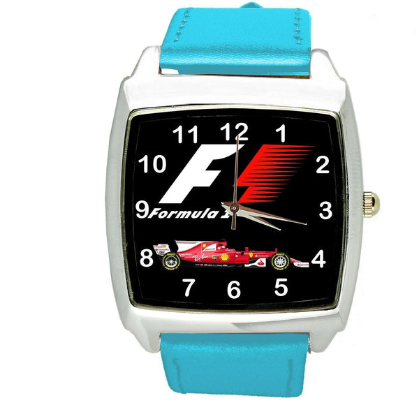 FORMULA ONE F1 RACING BLUE LEATHER CAR TUNNING Stainless Steel SQUARE WATCH