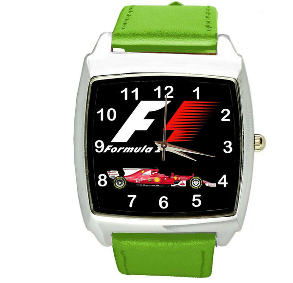 FORMULA ONE F1 RACING GREEN LEATHER CAR TUNNING Stainless Steel SQUARE WATCH