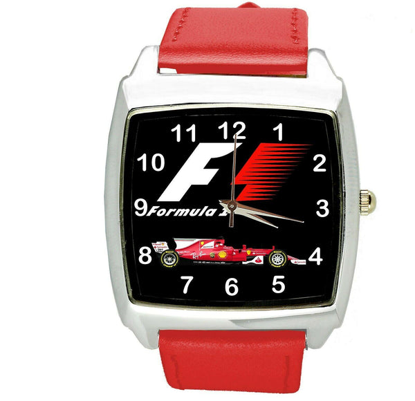 FORMULA ONE F1 RACING RED LEATHER CAR TUNNING Stainless Steel SQUARE WATCH