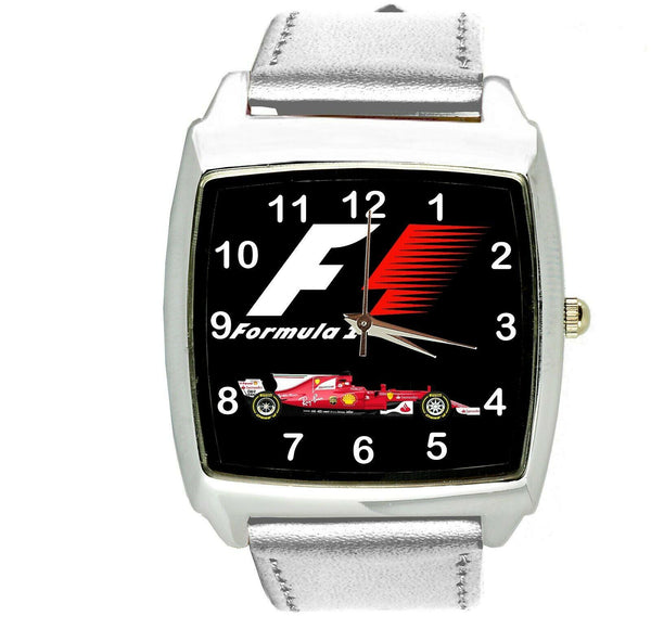FORMULA ONE F1 RACING SILVER LEATHER CAR TUNNING Stainless Steel SQUARE WATCH