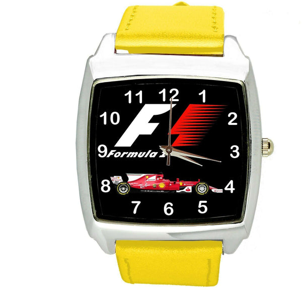 FORMULA ONE F1 RACING YELLOW LEATHER CAR TUNNING Stainless Steel SQUARE WATCH