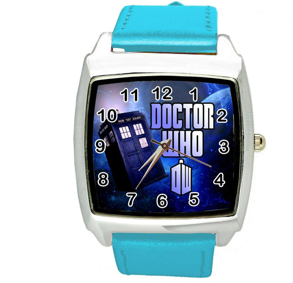 DR WHO E2 Stainless Steel BLUE LEATHER FILM MOVIE DVD SQUARE SCI FI  WATCH