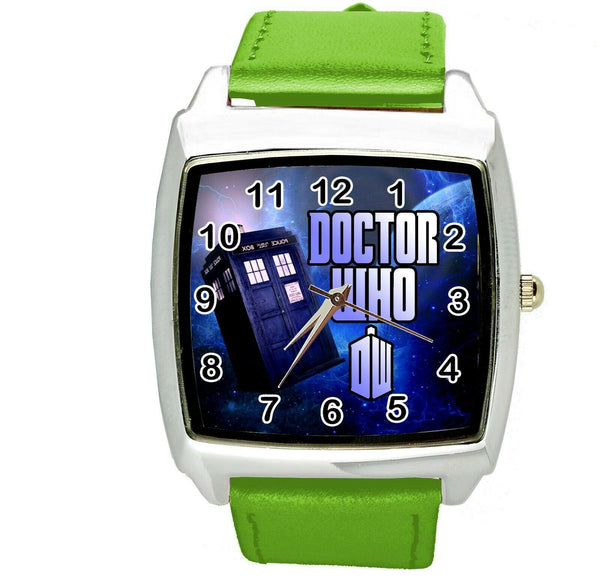 DR WHO E2 Stainless Steel GREEN LEATHER FILM MOVIE DVD SQUARE SCI FI  WATCH