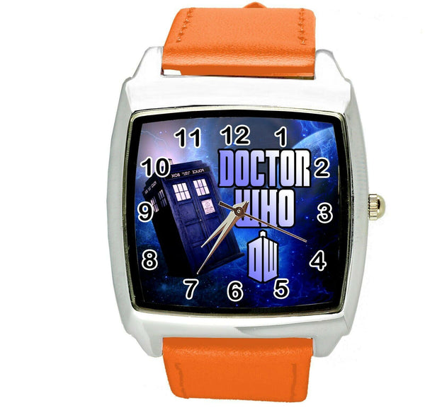 DR WHO E2 Stainless Steel ORANGE LEATHER FILM MOVIE DVD SQUARE SCI FI  WATCH