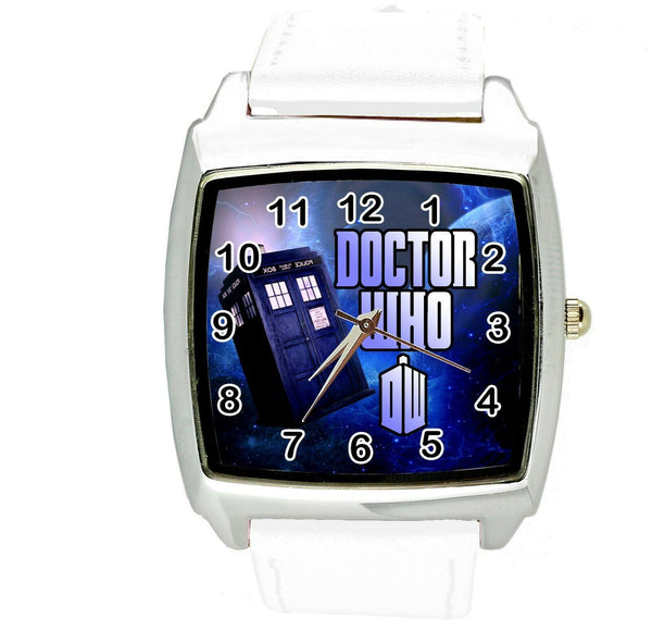 DR WHO E2 Stainless Steel WHITE LEATHER FILM MOVIE DVD SQUARE SCI FI  WATCH