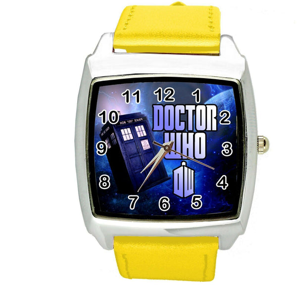 DR WHO E2 Stainless Steel YELLOW LEATHER FILM MOVIE DVD SQUARE SCI FI  WATCH