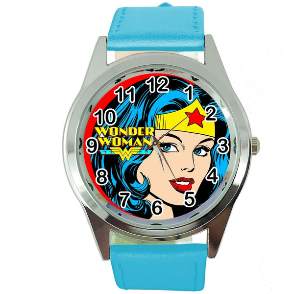 WONDER WOMAN FILM SUPERHERO HERO BLUE LEATHER COMICS MOVIE DVD ROUND WATCH