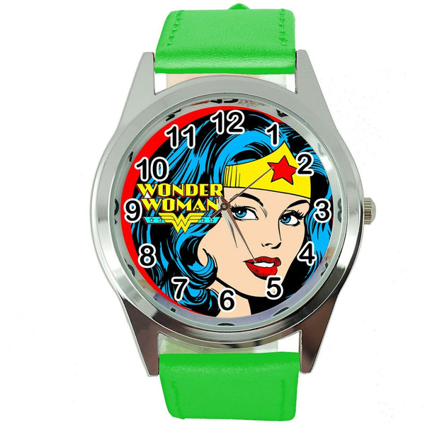 WONDER WOMAN FILM SUPERHERO HERO GREEN LEATHER COMICS MOVIE DVD ROUND WATCH