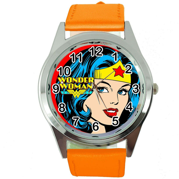 WONDER WOMAN FILM SUPERHERO HERO ORANGE LEATHER COMICS MOVIE DVD ROUND WATCH