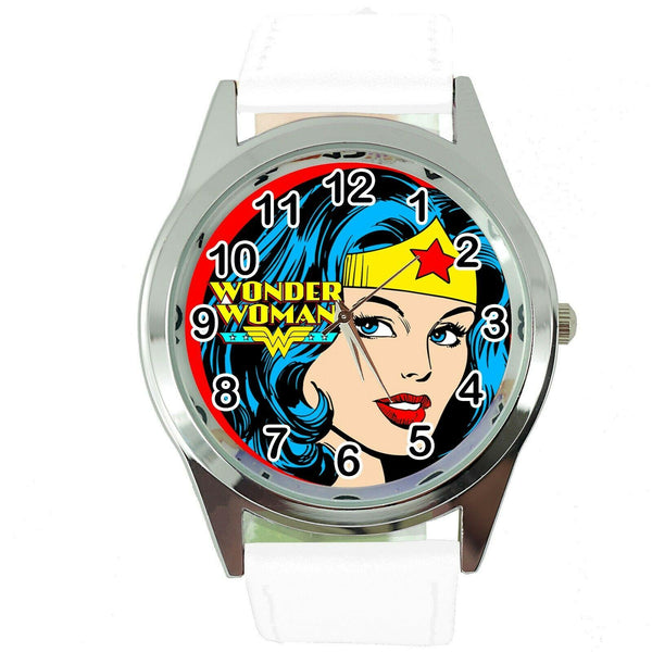 WONDER WOMAN FILM SUPERHERO HERO WHITE LEATHER COMICS MOVIE DVD ROUND WATCH