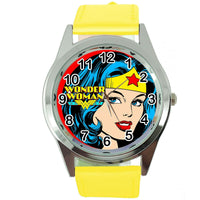 WONDER WOMAN FILM SUPERHERO HERO YELLOW LEATHER COMICS MOVIE DVD ROUND WATCH
