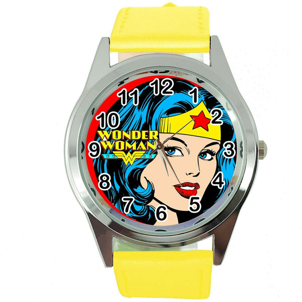 WONDER WOMAN FILM SUPERHERO HERO YELLOW LEATHER COMICS MOVIE DVD ROUND WATCH