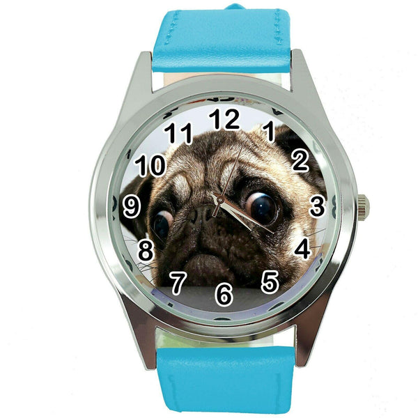 PUG DOG LOVER FRIEND Steel BLUE LEATHER QUARTZ ANALOG WATCH UHR RELOJ