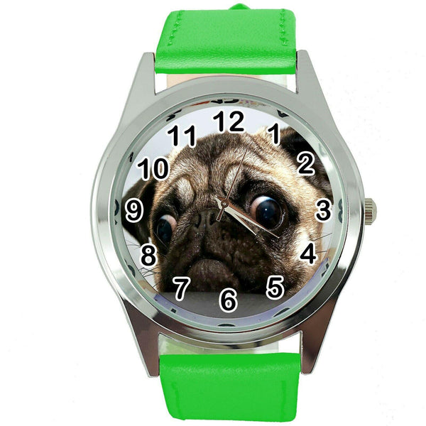 PUG DOG LOVER FRIEND Steel GREEN LEATHER QUARTZ ANALOG WATCH UHR RELOJ