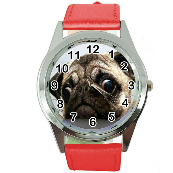 PUG DOG LOVER FRIEND Steel RED LEATHER QUARTZ ANALOG WATCH UHR RELOJ