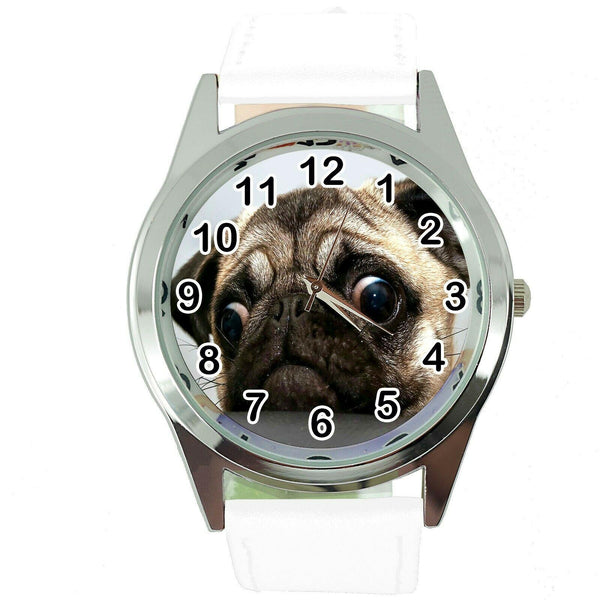 PUG DOG LOVER FRIEND Steel WHITE LEATHER QUARTZ ANALOG WATCH UHR RELOJ