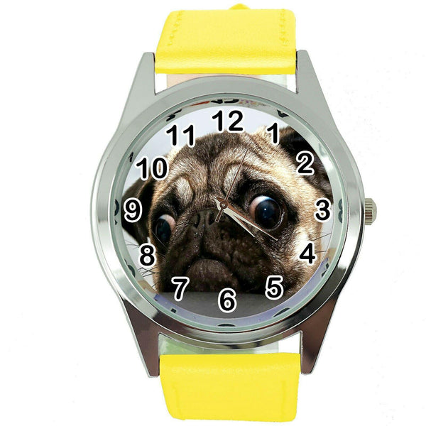 PUG DOG LOVER FRIEND Steel YELLOW LEATHER QUARTZ ANALOG WATCH UHR RELOJ