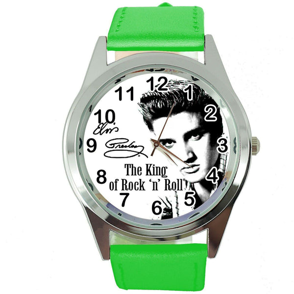 ELVIS PRESLEY Steel GREEN LEATHER MUSIC KING LEGEND ROUND CD DVD TV WATCH E0