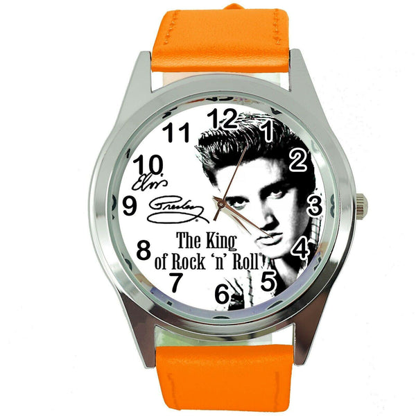 ELVIS PRESLEY Steel ORANGE LEATHER MUSIC KING LEGEND ROUND CD DVD TV WATCH E0