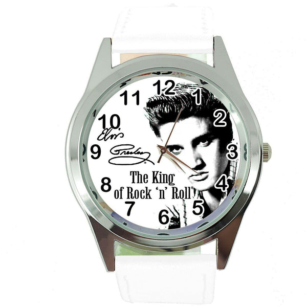 ELVIS PRESLEY Steel WHITE LEATHER MUSIC KING LEGEND ROUND CD DVD TV WATCH E0