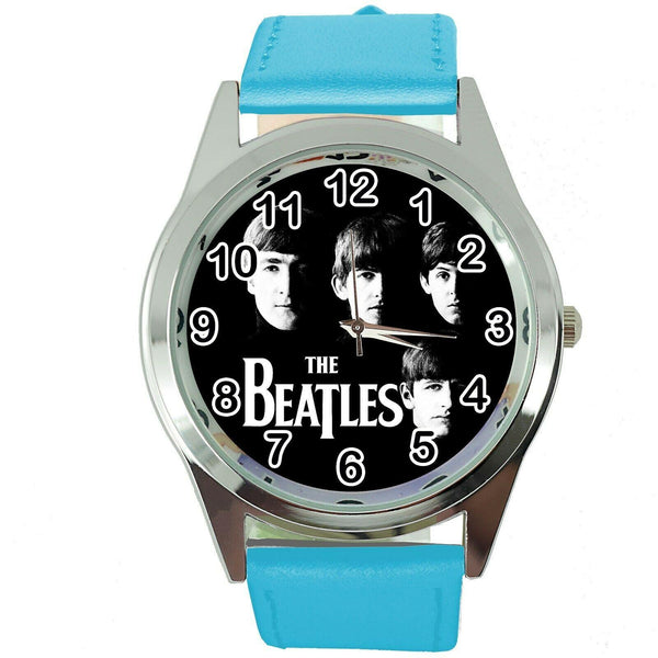 THE BEATLES BLUE LEATHER ROCK MUSIC LEGEND ROUND CD DVD TV STEEL WATCH E0