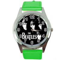 THE BEATLES GREEN LEATHER ROCK MUSIC LEGEND ROUND CD DVD TV STEEL WATCH E0