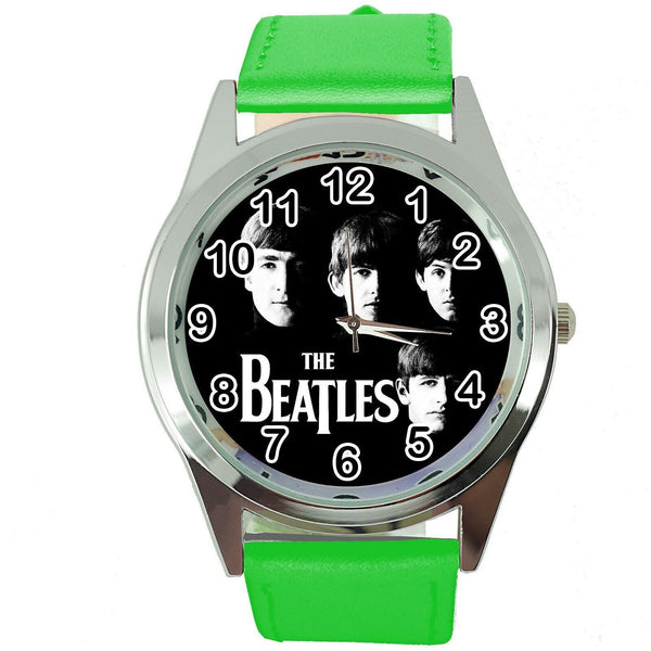THE BEATLES GREEN LEATHER ROCK MUSIC LEGEND ROUND CD DVD TV STEEL WATCH E0