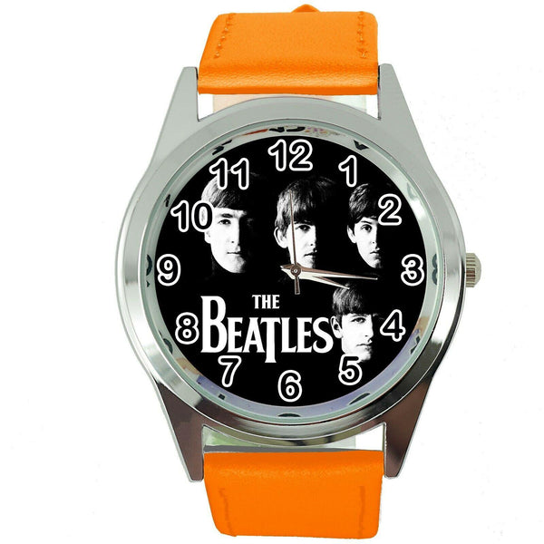 THE BEATLES ORANGE LEATHER ROCK MUSIC LEGEND ROUND CD DVD TV STEEL WATCH E0