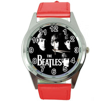 THE BEATLES RED LEATHER ROCK MUSIC LEGEND ROUND CD DVD TV STEEL WATCH E0