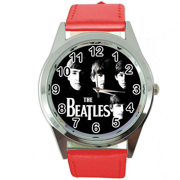 THE BEATLES RED LEATHER ROCK MUSIC LEGEND ROUND CD DVD TV STEEL WATCH E0