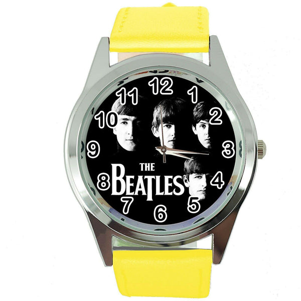 THE BEATLES YELLOW LEATHER ROCK MUSIC LEGEND ROUND CD DVD TV STEEL WATCH E0