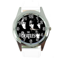 THE BEATLES WHITE LEATHER ROCK MUSIC LEGEND ROUND CD DVD TV STEEL WATCH E0