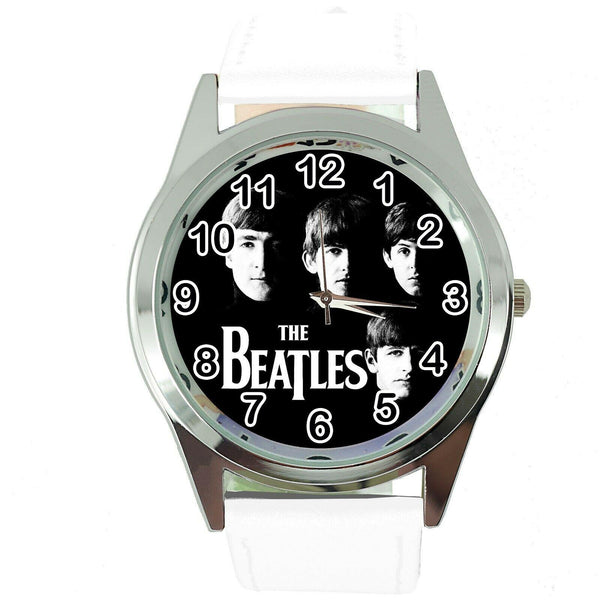 THE BEATLES WHITE LEATHER ROCK MUSIC LEGEND ROUND CD DVD TV STEEL WATCH E0