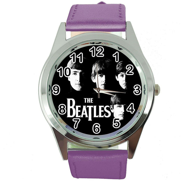 THE BEATLES PURPLE LEATHER ROCK MUSIC LEGEND ROUND CD DVD TV STEEL WATCH E0