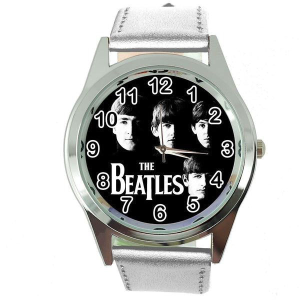 THE BEATLES SILVER LEATHER ROCK MUSIC LEGEND ROUND CD DVD TV STEEL WATCH E0