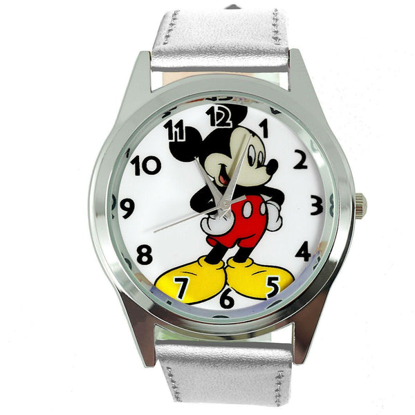 MICKEY MOUSE SILVER LEATHER FILM MOVIE CARTOON CD DVD TV STAINLESS WATCH