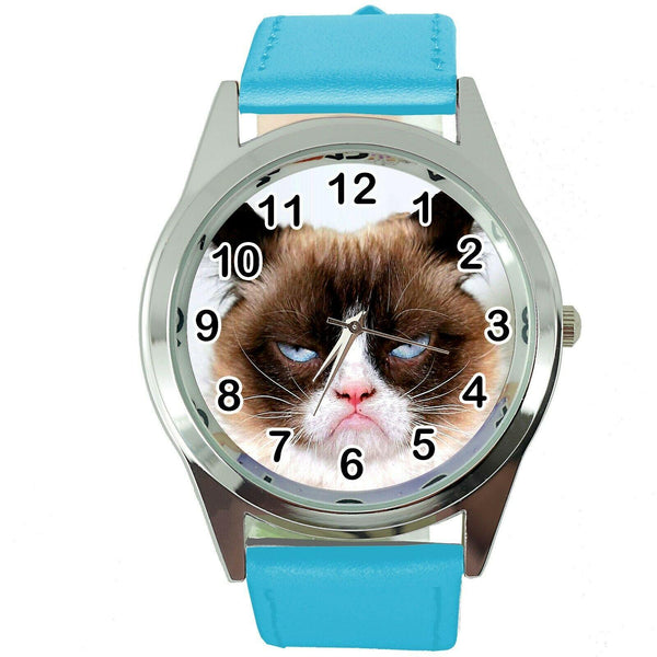 GRUMPY CAT PUSSY BAD DAY MOODY ANGRY KITTEN BLUE LEATHER FUNNY STEEL WATCH