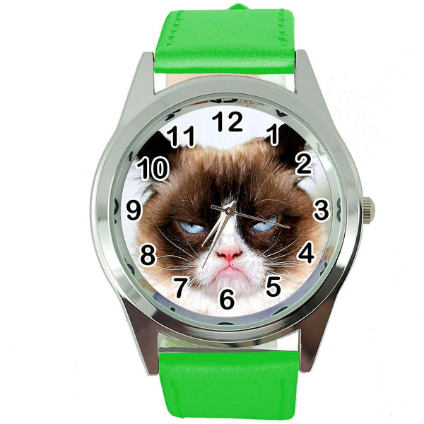 GRUMPY CAT PUSSY BAD DAY MOODY ANGRY KITTEN GREEN LEATHER FUNNY STEEL WATCH