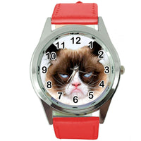 GRUMPY CAT PUSSY BAD DAY MOODY ANGRY KITTEN RED LEATHER FUNNY STEEL WATCH