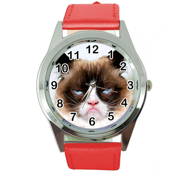 GRUMPY CAT PUSSY BAD DAY MOODY ANGRY KITTEN RED LEATHER FUNNY STEEL WATCH