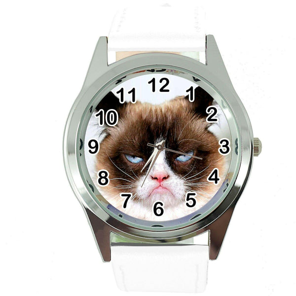 GRUMPY CAT PUSSY BAD DAY MOODY ANGRY KITTEN WHITE LEATHER FUNNY STEEL WATCH