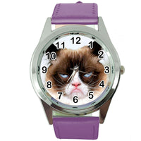 GRUMPY CAT PUSSY BAD DAY MOODY ANGRY KITTEN PURPLE LEATHER FUNNY STEEL WATCH