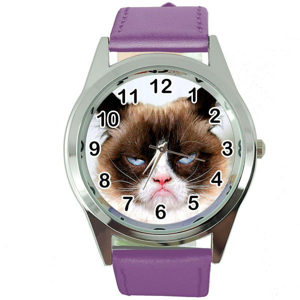 GRUMPY CAT PUSSY BAD DAY MOODY ANGRY KITTEN PURPLE LEATHER FUNNY STEEL WATCH