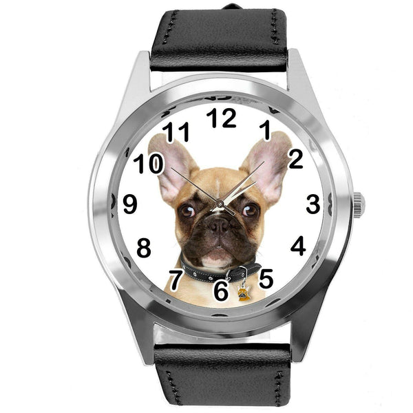 FRENCH BULLDOG FRENCHIE PUPPY DOG LOVER Steel BLACK LEATHER QUARTZ STEEL WATCH