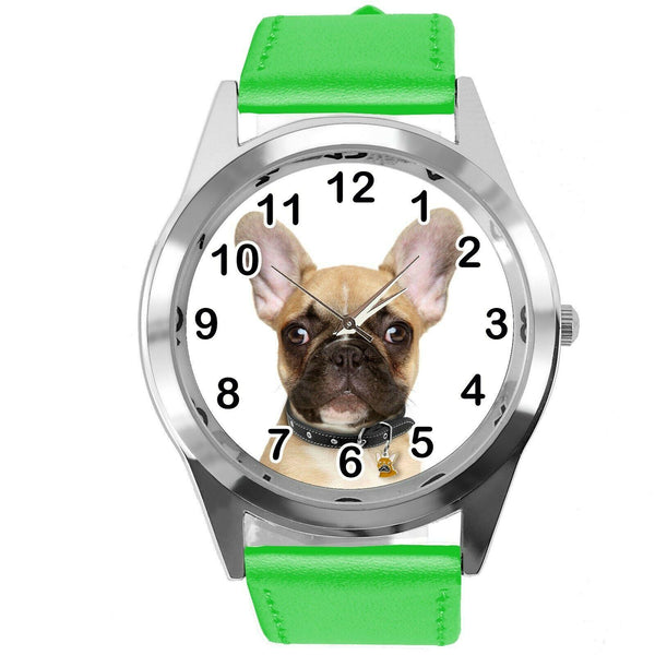 FRENCH BULLDOG FRENCHIE PUPPY DOG LOVER Steel GREEN LEATHER QUARTZ STEEL WATCH