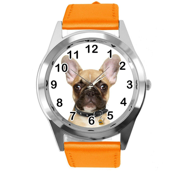 FRENCH BULLDOG FRENCHIE PUPPY DOG LOVER Steel ORANGE LEATHER QUARTZ STEEL WATCH
