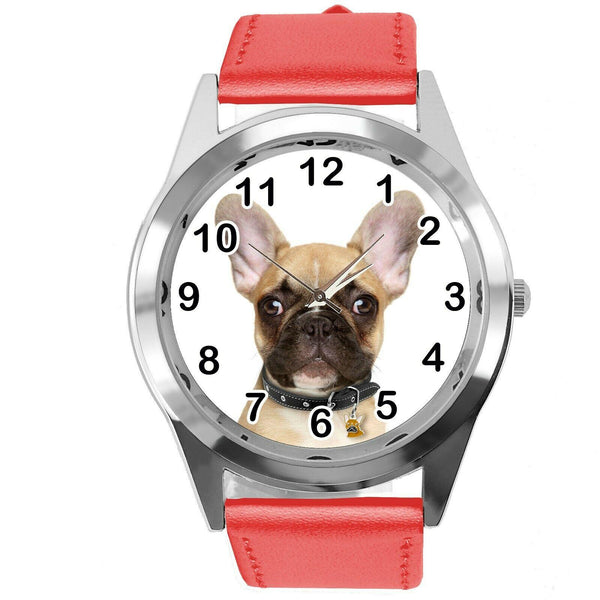 FRENCH BULLDOG FRENCHIE PUPPY DOG LOVER Steel RED LEATHER QUARTZ STEEL WATCH