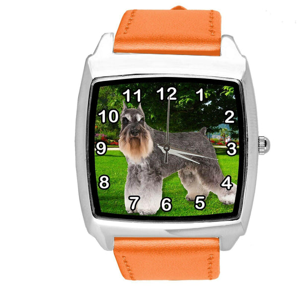 SCHNAUZER PUPPY DOG SZNAUCER ORANGE LEATHER QUARTZ STEEL PET WATCH UHR RELOJ