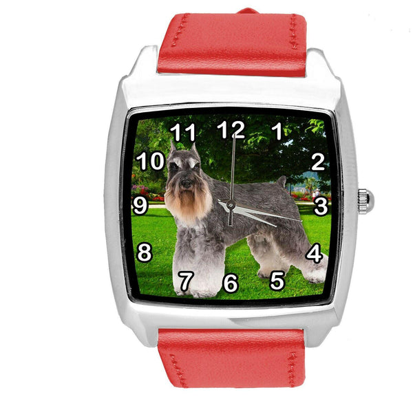 SCHNAUZER PUPPY DOG SZNAUCER RED LEATHER QUARTZ STEEL PET WATCH UHR RELOJ